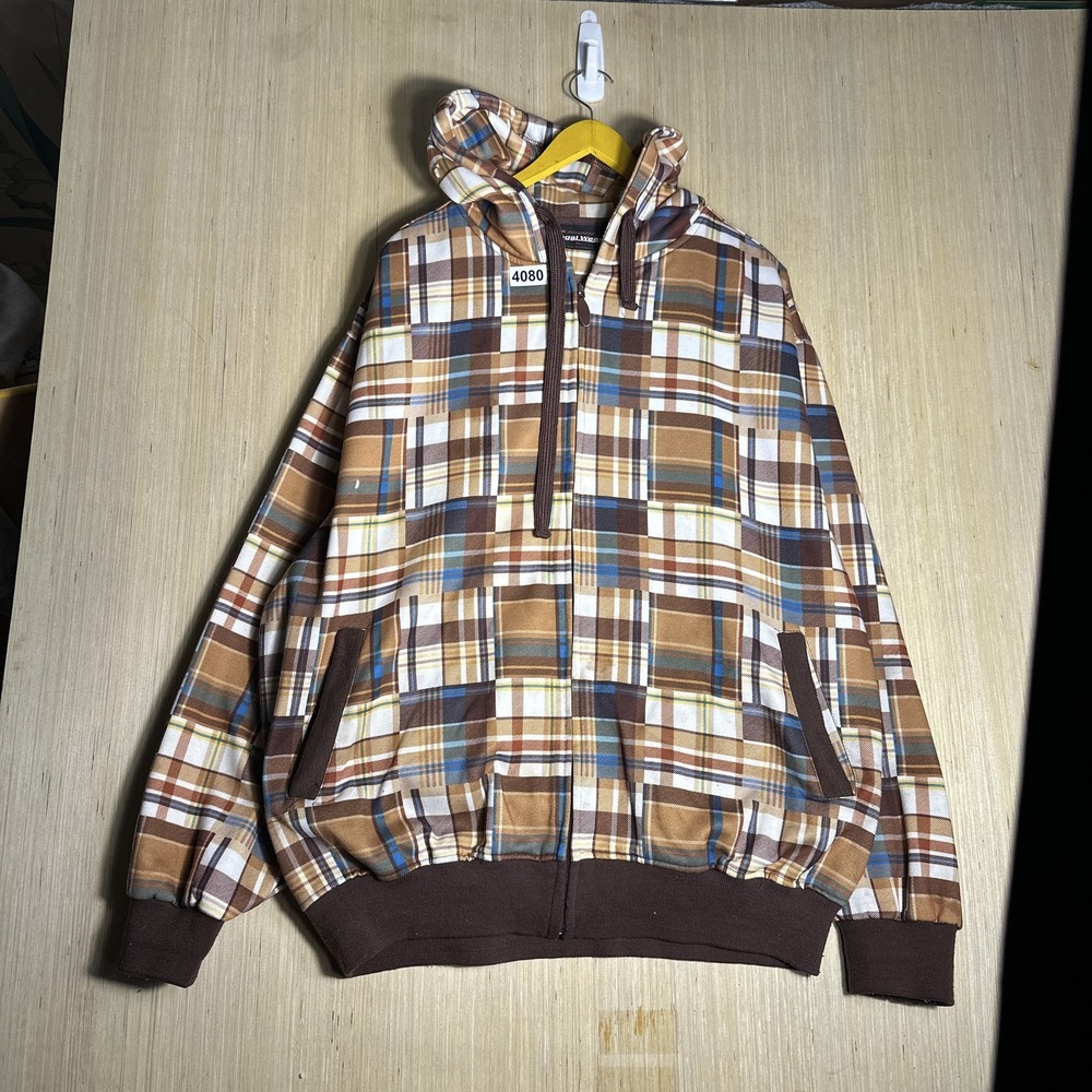 Vintage Y2K Regal Wear Hoodie Brown Plaid Zip Up Long Sleeve XL Oversized Men's